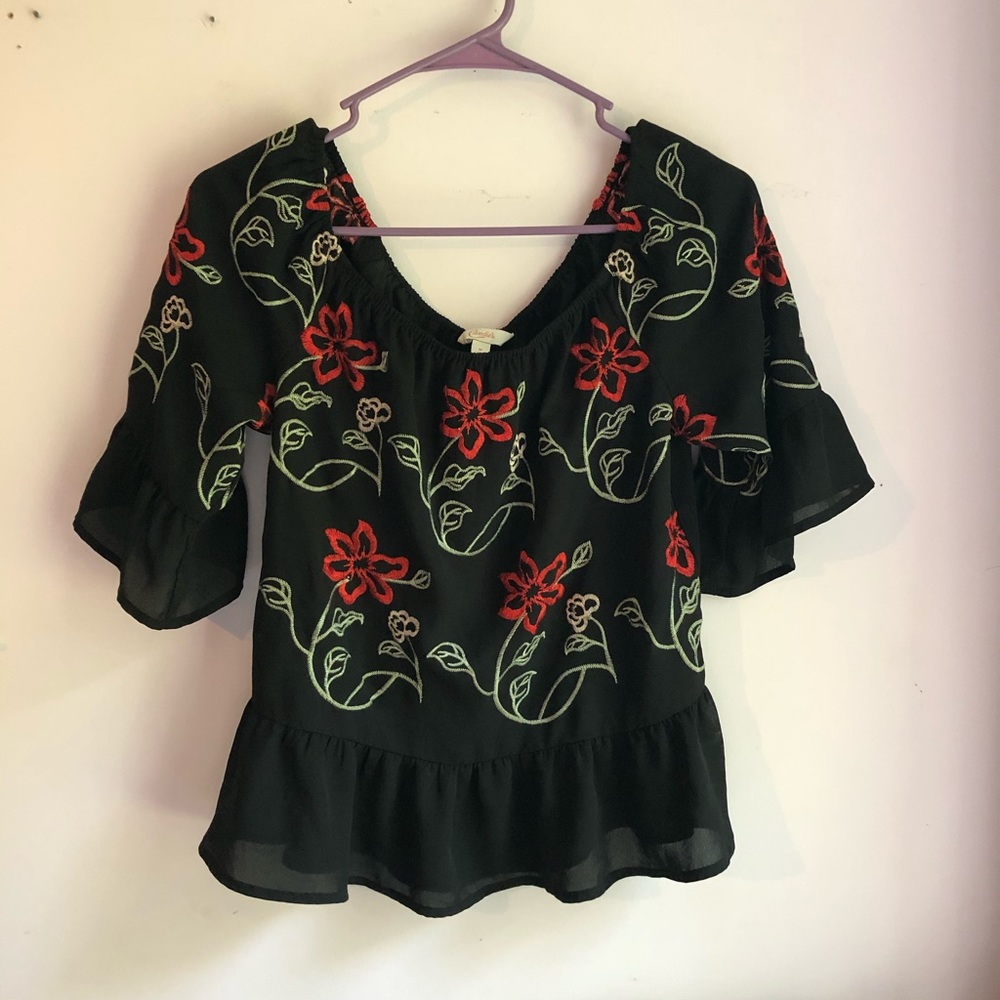 Candie's Black Blouse with Red and Green Floral Embroidery